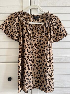 J. Crew Tan and Black Leopard Tie-Neck Short Sleeve 100% Silk Blouse